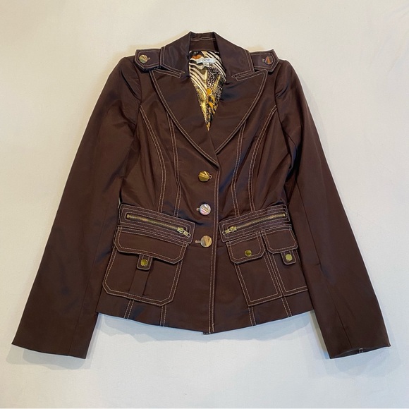 Vintage Cache Brown Women's Jacket with Gold Accents and Animal Print Lining - Picture 1 of 8